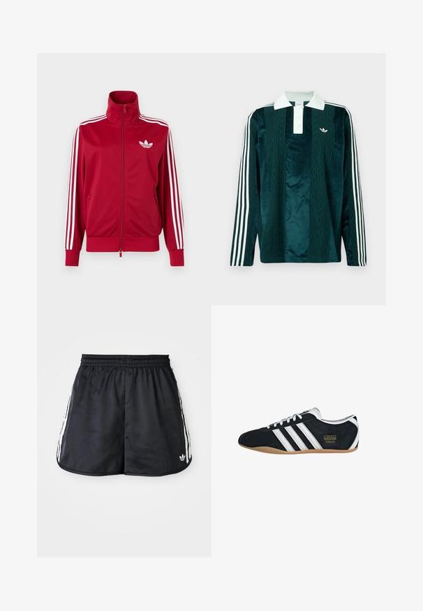 Rote Trainingsjacke mit weißen Drei-Streifen-Details an den Ärmeln, durchgehendem Frontreißverschluss, hohem Kragen und weißem Adidas-Trefoil-Logo auf der Brust.; Langärmliges Polohemd aus dunkelgrünem Samt mit weißen Akzenten. Verfügt über eine drei-Knopf-Leiste, ein gesticktes Logo und drei weiße Streifen an den Ärmeln.; Schwarze Sportshorts mit einem elastischen Bund, weißen drei Streifen an den Seiten und einem kleinen Logo am unteren Saum.; Schwarze Wildledersneaker mit drei weißen Streifen, goldenem Logo und brauner Gummisohle. Merkmale ein niedrigprofiliertes Schnürdesign.