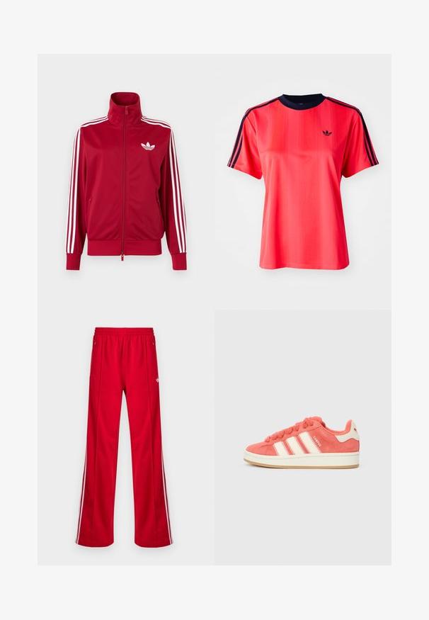 Rode trainingsjas met witte drie-streep details op de mouwen, volledige rits aan de voorkant, hoge kraag en wit Adidas trefoil-logo op de borst.; Rode sportieve t-shirt met korte mouwen, voorzien van verticale strepen, een marineblauwe ronde hals en een klein zwart logo op de voorkant.; Rode sportieve broek met een losse pasvorm, elastische tailleband, twee zijzakken en witte zijstrepen. Gemaakt van glad, synthetisch materiaal.; Roze suède sneakers met crèmekleurige strepen, ronde veters en een gestructureerde tong. Voorzien van een gumrubberen zool en een logo op de hiel.