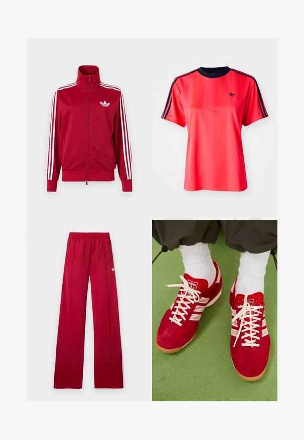 Rote Trainingsjacke mit weißen Drei-Streifen-Details an den Ärmeln, durchgehendem Frontreißverschluss, hohem Kragen und weißem Adidas-Trefoil-Logo auf der Brust.; Rotes sportliches T-Shirt mit kurzen Ärmeln, das von vertikalen Streifen, einem marineblauen Rundhalsausschnitt und einem kleinen schwarzen Logo auf der Vorderseite geprägt ist.; Rote weite Jogginghosen mit elastischem Bund, seitlichen Reißverschlusstaschen, weißen Streifen an den Seiten und kleinem weißem Logo am linken Oberschenkel.; Rote Wildleder- und Mesh-Sportschuhe mit weißen Streifen und Schnürsenkeln. Gummisohle. Getragen mit weißen gerippten Socken auf einer grünen strukturierten Oberfläche.