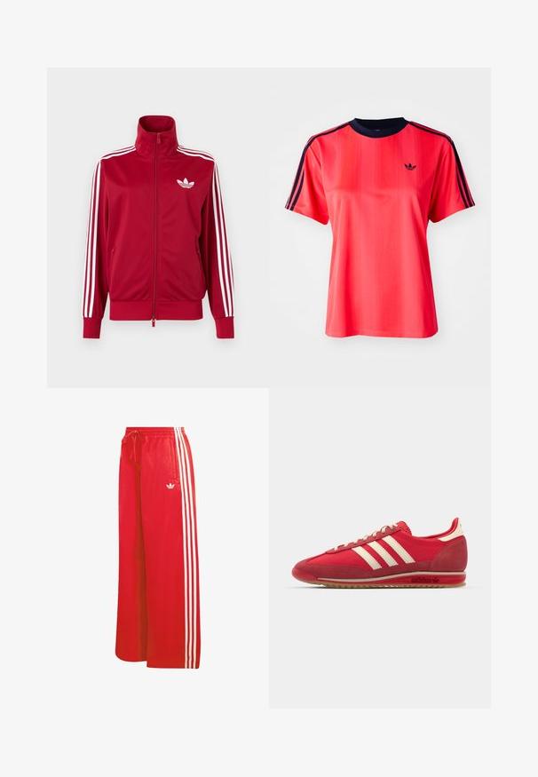 Chaqueta deportiva roja con detalles de tres franjas blancas en las mangas, cremallera completa en el frente, cuello alto y el logo de trébol de Adidas en blanco en el pecho.; Camiseta deportiva roja de manga corta, con rayas verticales, cuello redondo color marino y un pequeño logo negro en la parte frontal.; Pantalones deportivos rojos hechos de material ligero, con un diseño de pierna ancha, cintura elástica, cordón ajustable y tres rayas blancas en cada lado.; Zapatilla deportiva roja con parte superior texturizada, tres rayas blancas, puntera redonda y suela de goma con detalles del logo en el costado.