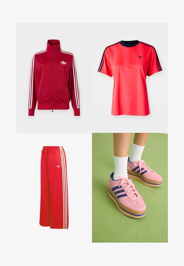 Rød træningstrøje med hvide tre-stribe detaljer på ærmerne, fuld lynlås foran, høj krave og hvidt Adidas trefoil-logo på brystet.; Rød sports t-shirt med korte ærmer, der har lodrette striber, en marineblå rund hals og et lille sort logo på forsiden.; Røde træningsbukser lavet af let materiale, med bred benudformning, elastisk talje, snøre og tre hvide striber på hver side.; Lyserøde ruskinds platform sneakers med blå striber og lyserøde snørebånd. Tyk tan sål med blå accent. Båret med hvide ankelstrømper på en grøn overflade.