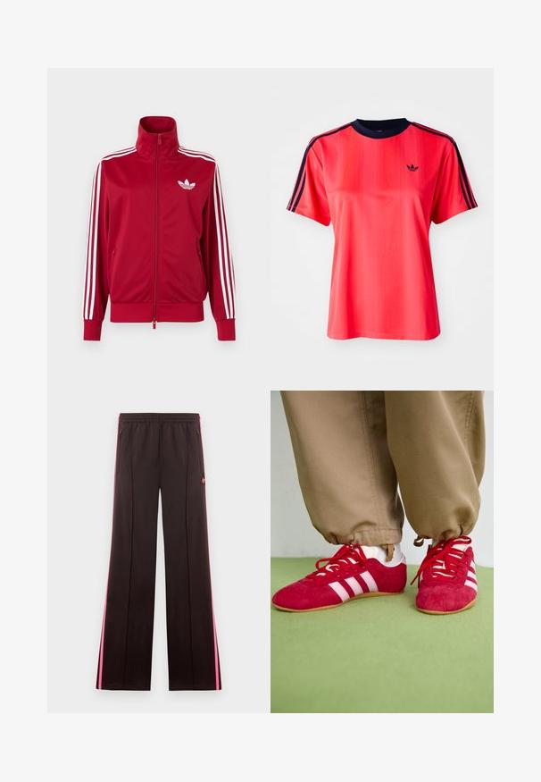 Červená tréningová bunda s bielymi tromi pruhmi na rukávoch, celoprepínací zips vpredu, vysoký golier a biele logo Adidas trefoil na hrudi.; Červené športové tričko s krátkymi rukávmi, s vertikálnymi pruhmi, námorníckym okrúhlym výstrihom a malým čiernym logom na prednej strane.; Čierne športové nohavice s ružovými bočnými pruhmi, elastickým pásom, vreckami so zipsom a logom Adidas na ľavom stehne.; Červené semišové športové topánky s bielymi pruhmi, plochou gumovou podrážkou a červenými šnúrkami. Nosia sa s béžovými nohavicami, umiestnené na zelenej ploche.