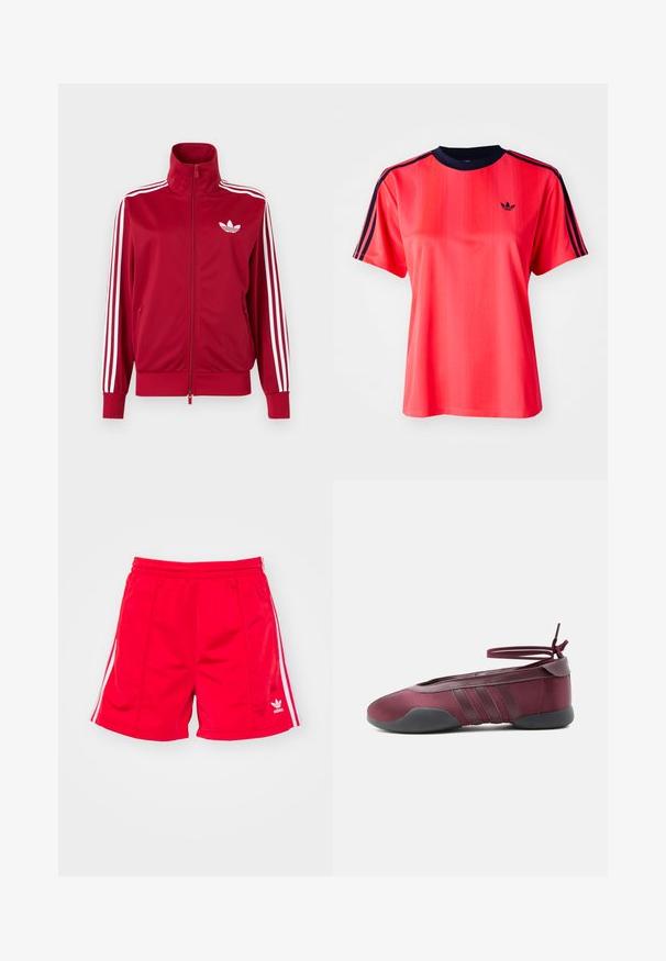 Rød træningstrøje med hvide tre-stribe detaljer på ærmerne, fuld lynlås foran, høj krave og hvidt Adidas trefoil-logo på brystet.; Rød sports t-shirt med korte ærmer, der har lodrette striber, en marineblå rund hals og et lille sort logo på forsiden.; Røde sports shorts med elastisk talje, der har hvide sideløbninger og et broderet logo nederst til venstre. Glat tekstur.; Burgunderfarvet balletsko med sort sål, elastiske ankelstropper bundet i sløjfe og syninger på siderne, vist fra ydersiden.