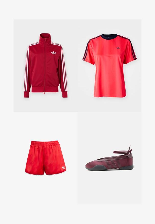 Červená tréningová bunda s bielymi tromi pruhmi na rukávoch, celoprepínací zips vpredu, vysoký golier a biele logo Adidas trefoil na hrudi.; Červené športové tričko s krátkymi rukávmi, s vertikálnymi pruhmi, námorníckym okrúhlym výstrihom a malým čiernym logom na prednej strane.; Červené športové šortky s elastickým pásom, biely lem na spodnom okraji a jemným leskom. Obsahujú logo Adidas v bielej farbe na dolnej ľavej strane.; Burgundské balerínky s čiernou podrážkou, elastickými remienkami na členku zviazanými do mašle a prešívanými detailmi na bokoch, zobrazené z vonkajšej strany.
