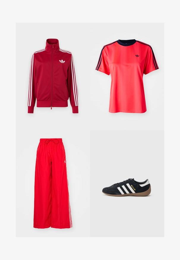 Červená tréningová bunda s bielymi tromi pruhmi na rukávoch, celoprepínací zips vpredu, vysoký golier a biele logo Adidas trefoil na hrudi.; Červené športové tričko s krátkymi rukávmi, s vertikálnymi pruhmi, námorníckym okrúhlym výstrihom a malým čiernym logom na prednej strane.; Červené široké nohavice vyrobené z ľahkého materiálu, s bielymi bočnými prúžkami a elastickým pásom so šnúrkou.; Čierna semišová teniska s tromi bielymi pruhmi, gumovou podrážkou a malým zlatým logom na boku. Má hladkú čiernu vnútornú podšívku.