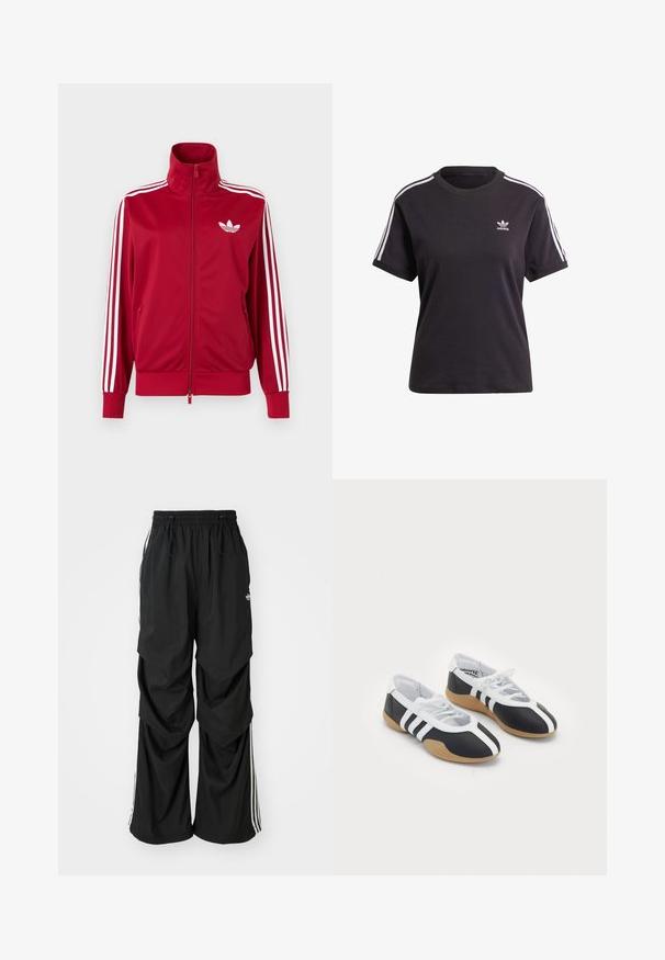 Rote Trainingsjacke mit weißen Drei-Streifen-Details an den Ärmeln, durchgehendem Frontreißverschluss, hohem Kragen und weißem Adidas-Trefoil-Logo auf der Brust.; Schwarzes Baumwoll-T-Shirt mit kurzen Ärmeln und Rundhalsausschnitt, mit weißen Streifen auf den Schultern und einem kleinen weißen Adidas-Logo auf der Brust.; Schwarz weite Hosen mit elastischem Bund, Kordelzug und weißen Seitenstreifen; aus leichtem Stoff mit glatter Textur.; Schwarz-weiße Sportschuhe mit einem eleganten Design, Gummisohle, Schnürverschluss und drei weißen Streifen an den Seiten.