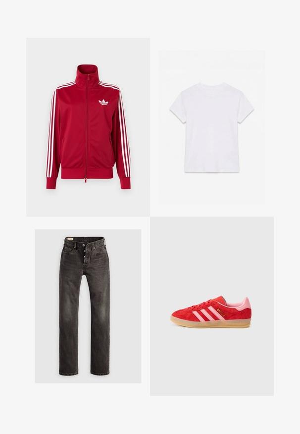 Rød træningstrøje med hvide tre-stribe detaljer på ærmerne, fuld lynlås foran, høj krave og hvidt Adidas trefoil-logo på brystet.; Hvid kortærmet t-shirt i bomuld med rund hals, lagt fladt på en hvid baggrund.; Mørkegrå lige ben jeans lavet af denim, der har en knaplukning, fem-lommemodel og subtile falmede detaljer på stoffet.; Rød ruskindssneaker med pink detaljer og tre hvide striber; gummisål; broderet tekst på siden og hælen. Klassisk atletisk design.