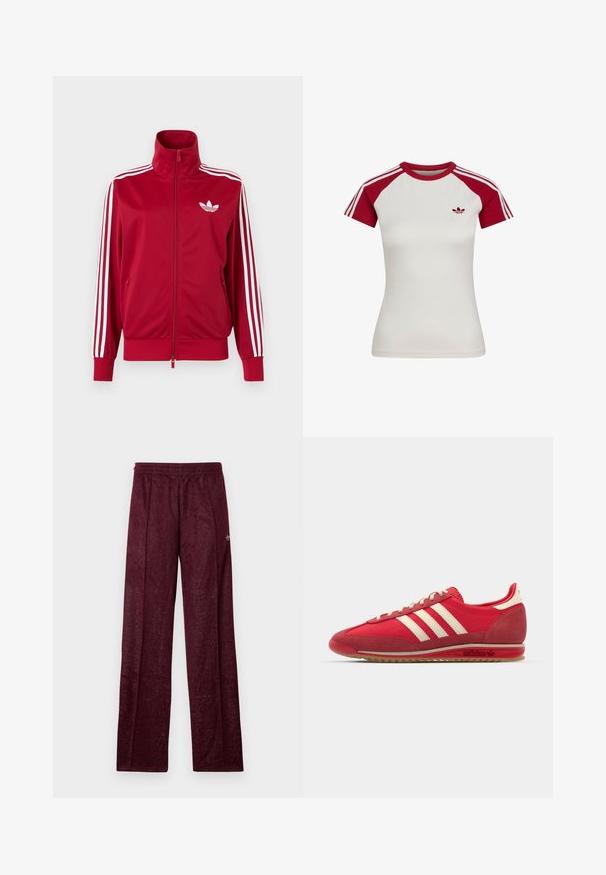 Chaqueta deportiva roja con detalles de tres franjas blancas en las mangas, cremallera completa en el frente, cuello alto y el logo de trébol de Adidas en blanco en el pecho.; Camiseta deportiva blanca ajustada de manga corta con mangas raglán rojas, cuello rojo, tres franjas blancas en las mangas y pequeño logo en el pecho izquierdo.; Pantalones deportivos burdeos hechos de tela texturizada, con una cinturilla elástica y costuras laterales para un diseño de pierna recta.; Zapatilla deportiva roja con parte superior texturizada, tres rayas blancas, puntera redonda y suela de goma con detalles del logo en el costado.