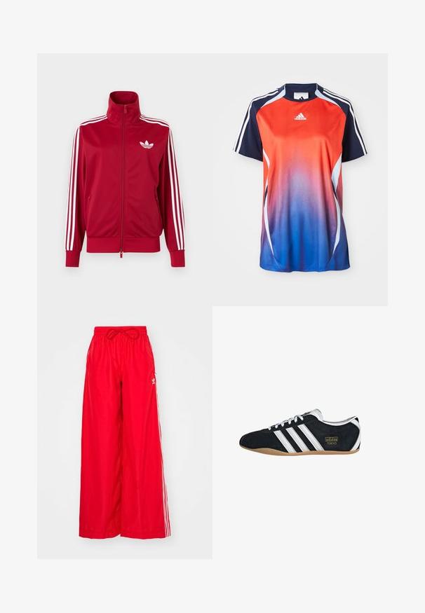 Červená tréningová bunda s bielymi tromi pruhmi na rukávoch, celoprepínací zips vpredu, vysoký golier a biele logo Adidas trefoil na hrudi.; Adidas športová košeľa s krátkym rukávom s gradientom od červenej po modrú, s námorníckymi akcentmi a bielymi pruhmi pozdĺž ramien.; Červené široké nohavice vyrobené z ľahkého materiálu, s bielymi bočnými prúžkami a elastickým pásom so šnúrkou.; Čierne semišové tenisky s bielymi tromi pruhmi, zlatým logom a hnedou gumovou podrážkou. Disponujú nízkym šnurovacím dizajnom.