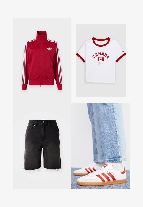 Rode trainingsjas met witte drie-streep details op de mouwen, volledige rits aan de voorkant, hoge kraag en wit Adidas trefoil-logo op de borst.; Wit T-shirt met korte mouwen met rode bies, tekst "CANADA", Canadese vlag en "Levi Strauss California" logo op de voorkant.; Zwarte denim shorts met een vervaagde wassing, rafelig zoom, klassieke vijf-pocket ontwerp en een enkele knoopsluiting. Dikke stiksels accentueren het geheel.; Witte leren sneakers met rode strepen en accenten. Voorzien van een getextureerde gumrubberen outsole en een gevoerde kraag. Draag ze met lichtblauwe denim.