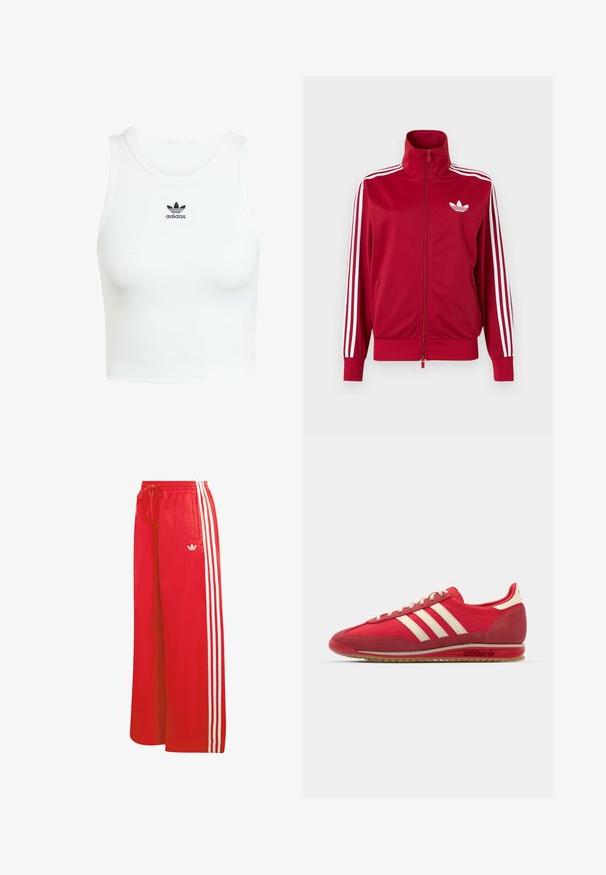 Punane jope valgete kolme triibuga varrukatel, täis ees lukk, kõrge krae ja valge Adidas trefoili logo rinnal.; Valge puuvillane tank top, millel on vormiv ribatud tekstuur, ümmargune kaelus ja ees must õmmeldud Adidas logo.; Punased spordipüksid, mis on valmistatud kergest materjalist, laiade sääreosadega, elastse vöökohaga, nööriga ja kolme valge triibuga kummalgi küljel.; Punane sportlikki king, millel on tekstuuriga ülemine osa, kolm valget triipu, ümmargune varvas ja kummist tallaga, millel on logo detailid küljel.