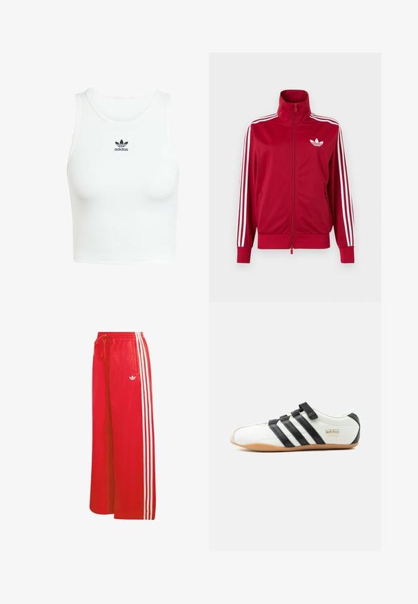 Chaqueta deportiva roja con detalles de tres franjas blancas en las mangas, cremallera completa en el frente, cuello alto y el logo de trébol de Adidas en blanco en el pecho.; Camiseta sin mangas de algodón blanca con una textura de canalé ajustada, escote redondo y logo de Adidas bordado en negro en la parte frontal.; Pantalones deportivos rojos hechos de material ligero, con un diseño de pierna ancha, cintura elástica, cordón ajustable y tres rayas blancas en cada lado.; Zapatilla Adidas Tokyo blanca con rayas negras, correas de velcro negras y suela de goma, vista de lado sobre fondo blanco.