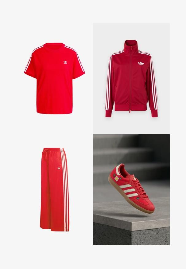 Rode trainingsjas met witte drie-streep details op de mouwen, volledige rits aan de voorkant, hoge kraag en wit Adidas trefoil-logo op de borst.; Rode katoenen t-shirt met een ronde halslijn, korte mouwen, witte drie-strepen accenten op de schouders en een klein wit logo op de borst.; Rode atletische broek gemaakt van lichtgewicht materiaal, met een wijduitlopende pijp, elastische tailleband, trekkoord en drie witte strepen aan elke kant.; Rode sportschoen met witte strepen, bloemrijke borduurwerk en een rubberen zool. Glad stof met suède accenten. Model: Samba.