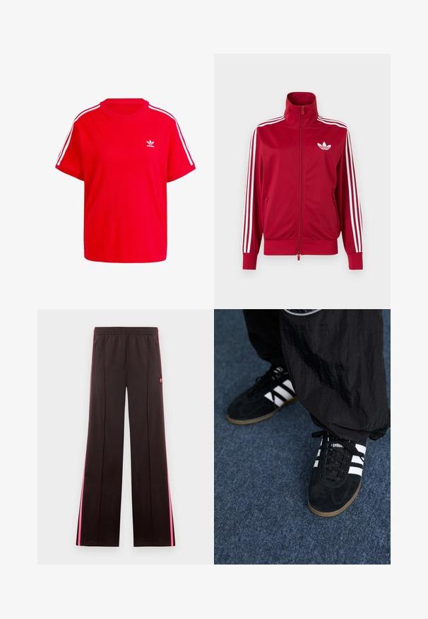 Červená tréningová bunda s bielymi tromi pruhmi na rukávoch, celoprepínací zips vpredu, vysoký golier a biele logo Adidas trefoil na hrudi.; Červené bavlnené tričko s okrúhlym výstrihom, krátkymi rukávmi, bielymi trojprúžkovými akcentmi na pleciach a malým bielym logom na hrudi.; Čierne športové nohavice s ružovými bočnými pruhmi, elastickým pásom, vreckami so zipsom a logom Adidas na ľavom stehne.; Čierne roháčiky z semišu so tromi bielymi pruhmi a čiernymi šnúrkami. Texturované čierne nohavice sú čiastočne viditeľné vedľa topánok.
