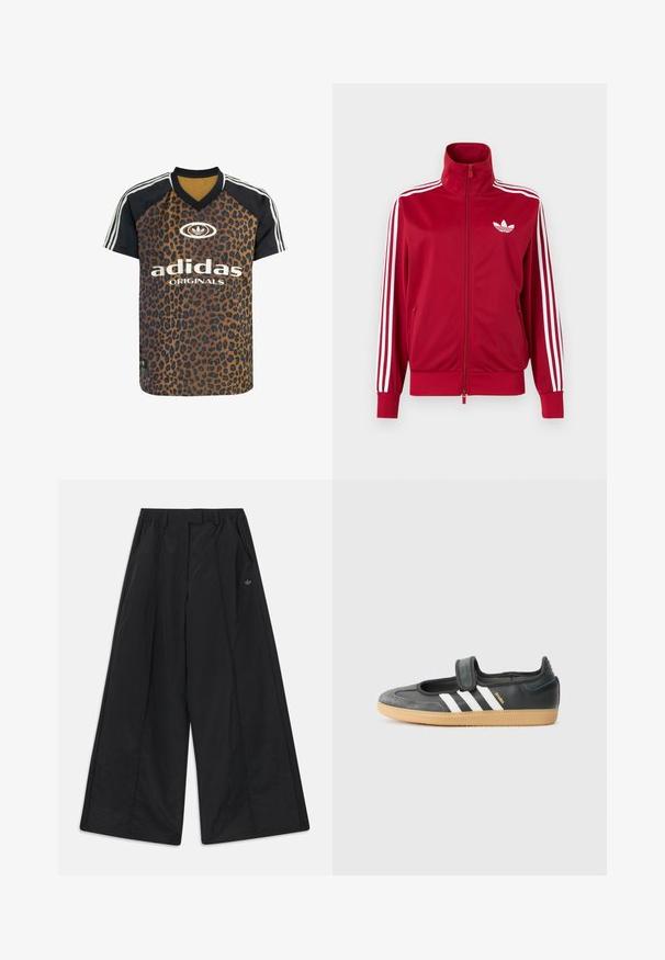 Rød træningstrøje med hvide tre-stribe detaljer på ærmerne, fuld lynlås foran, høj krave og hvidt Adidas trefoil-logo på brystet.; adidas Originals LEO PRINT SATIN - T-shirts print - multicolor bronze strata; Sorte bukser med vidde i benene, sidelommer, bæltestropper, forreste folder og en lille Adidas-logo på højre side.; Sort læder- og ruskinds sneakers med en Velcro-rem, der har tre hvide striber og en gummisål, mærket "SAMBA" på siden.