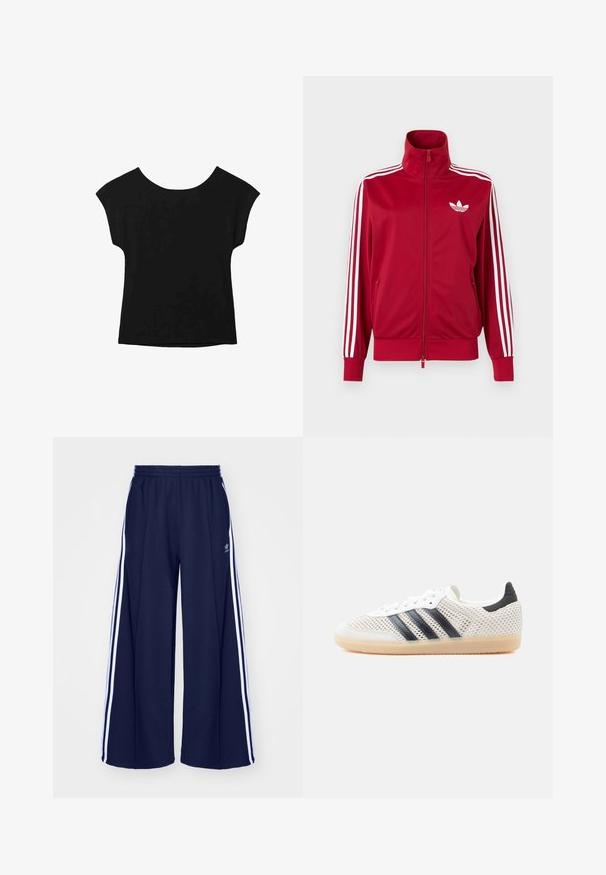 Veste de survêtement rouge avec trois bandes blanches sur les manches, fermeture éclair intégrale à l'avant, col montant et logo trefoil Adidas blanc sur la poitrine.; Haut noir à manches courtes avec un large col et une coupe ample. Fabriqué en tissu doux sans motifs ni embellissements visibles.; adidas Originals PANT - Pantalon de survêtement - night indigo; Baskets en maille blanche avec un design à trois bandes noires, bout arrondi et semelle en caoutchouc gomme. Dotées d'un col de talon souple et d'une fermeture à lacets.
