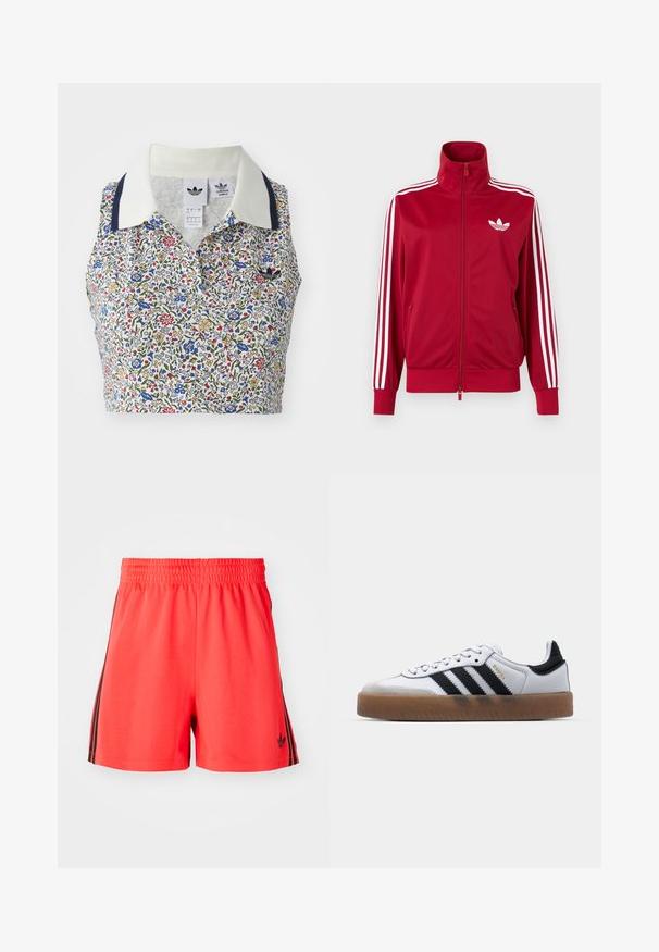 Červená tréningová bunda s bielymi tromi pruhmi na rukávoch, celoprepínací zips vpredu, vysoký golier a biele logo Adidas trefoil na hrudi.; Kvetinový crop top s bielym základom, na ktorom sú modré, červené a žlté kvety. Obsahuje biely golier s námorníckymi akcentmi a vyšívané logo.; Červené športové šortky vyrobené z ľahkého materiálu s elastickým pásom, s tromi čiernymi vertikálnymi pruhmi po bokoch a logom.; Biele kožené tenisky s čiernymi pruhmi, gumová podrážka, okrúhla špička, šnurovanie a mäkký sivý semišový špička.