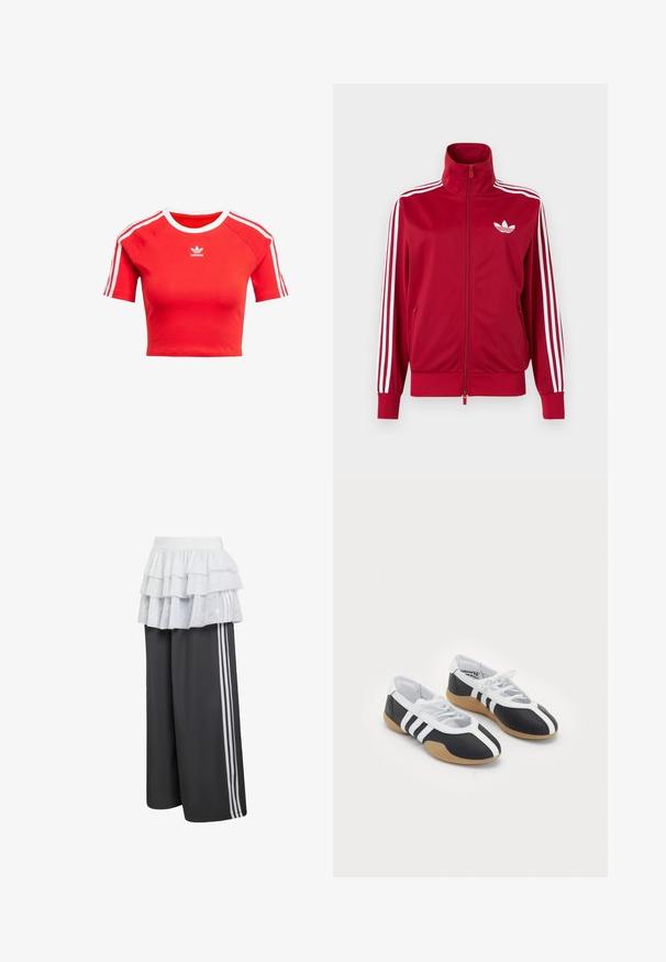 Rote Trainingsjacke mit weißen Drei-Streifen-Details an den Ärmeln, durchgehendem Frontreißverschluss, hohem Kragen und weißem Adidas-Trefoil-Logo auf der Brust.; Rotes, kurzes T-Shirt aus Baumwolle, mit kurzen Ärmeln, weißen Streifen und weißem Kragen. Auf der Vorderseite ist das Adidas-Logo in Weiß abgebildet.; Sporthose in dunkelgrau mit drei weißen Streifen an den Seiten, darüber eine mehrlagige weiße Rüschenschicht. Weicher Stoff, weiter Schnitt.; Schwarz-weiße Sportschuhe mit einem eleganten Design, Gummisohle, Schnürverschluss und drei weißen Streifen an den Seiten.