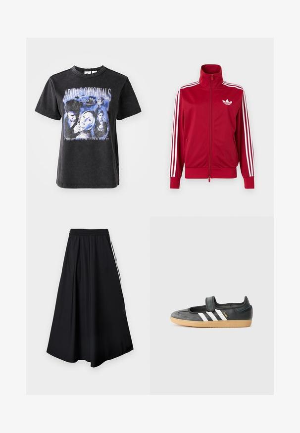 Rode trainingsjas met witte drie-streep details op de mouwen, volledige rits aan de voorkant, hoge kraag en wit Adidas trefoil-logo op de borst.; Zwarte katoenen t-shirt met korte mouwen, voorzien van een gewassen grafische druk van personages uit "Buffy the Vampire Slayer" in blauwtinten.; Zwarte wijde broekspijpen met elastische tailleband en witte strepen aan de zijkant, weergegeven tegen een effen witte achtergrond.; Zwarte leren en suède sneaker met een klittenbandsluiting, voorzien van drie witte strepen en een gumzool, met de naam "SAMBA" aan de zijkant.