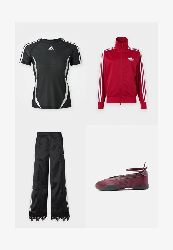 Punainen urheilutakki valkoisilla kolmen raidan yksityiskohdilla hihoissa, koko etuosan vetoketju, korkea kaulus ja valkoinen Adidas-trefoil-logo rinnassa.; Mustapohjainen Adidas lyhythihainen urheilupaita, jossa on valkoiset raidat harteilla ja hopeiset kaarevat yksityiskohdat sivuilla.; Mustat leveälahkeiset verkkarit, joissa valkoiset sivuraidat, joustava vyötärönauha ja musta pitsireunus helmassa vaaleaa taustaa vasten.; Viininpunainen ballerinatossu mustalla pohjalla, joustavat nilkkaremmit rusetilla sidottuina ja sivuilla tikatut yksityiskohdat, esitetty ulkopuolelta.