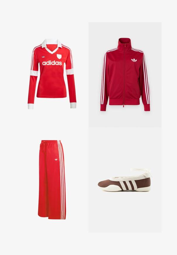 Chaqueta deportiva roja con detalles de tres franjas blancas en las mangas, cremallera completa en el frente, cuello alto y el logo de trébol de Adidas en blanco en el pecho.; Camiseta de fútbol de manga larga roja con un cuello y puños blancos. Presenta tres rayas blancas en los hombros y el logotipo de "adidas" en un lugar destacado.; Pantalones deportivos rojos hechos de material ligero, con un diseño de pierna ancha, cintura elástica, cordón ajustable y tres rayas blancas en cada lado.; Zapato plano de ballet marrón y blanco con tres franjas blancas y lazo para atar en el tobillo sobre un fondo claro y sencillo.