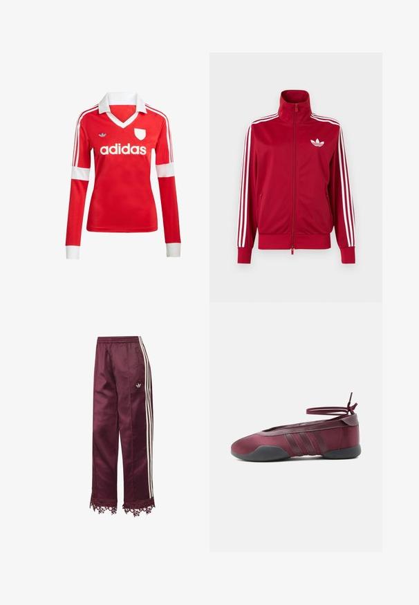 Červená tréningová bunda s bielymi tromi pruhmi na rukávoch, celoprepínací zips vpredu, vysoký golier a biele logo Adidas trefoil na hrudi.; Červený futbalový dres s dlhým rukávom a bielym golierom a manžetami. Na ramenách sú tri biele pruhy a výrazne zobrazené logo "adidas".; Tmavočervené saténové tepláky s bielymi bočnými pásikmi, elastickým pásom, vreckami na zips a čipkovaným lemom na spodku.; Burgundské balerínky s čiernou podrážkou, elastickými remienkami na členku zviazanými do mašle a prešívanými detailmi na bokoch, zobrazené z vonkajšej strany.