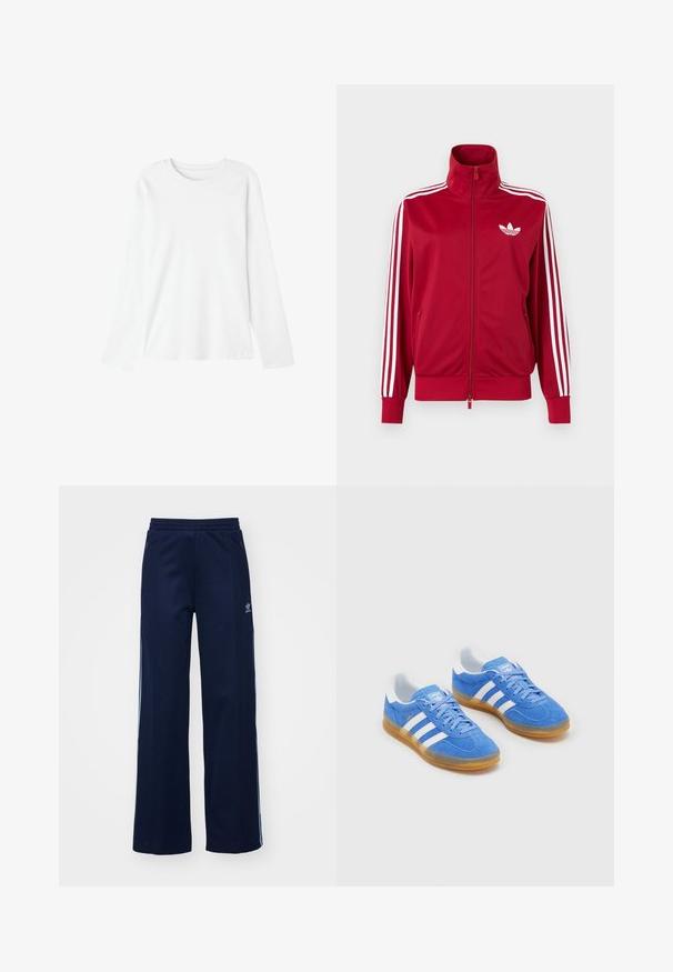 Chaqueta deportiva roja con detalles de tres franjas blancas en las mangas, cremallera completa en el frente, cuello alto y el logo de trébol de Adidas en blanco en el pecho.; Camiseta de manga larga en algodón blanco. Diseño de cuello redondo, textura suave y sin patrones ni gráficos visibles. Ajuste casual con corte recto.; Pantalones de chándal de mezcla de algodón en color marino con diseño de pierna ancha, cinturilla elástica y bolsillos con cremallera, con franjas laterales blancas y detalle de logotipo.; Zapatillas deportivas azules de ante con acentos de rayas blancas, suela de goma y cuello acolchado para mayor comodidad. Presenta un diseño clásico de cordones.