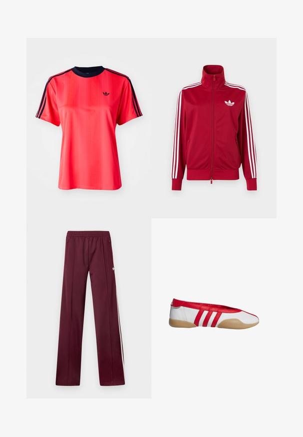 Rode trainingsjas met witte drie-streep details op de mouwen, volledige rits aan de voorkant, hoge kraag en wit Adidas trefoil-logo op de borst.; Rode sportieve t-shirt met korte mouwen, voorzien van verticale strepen, een marineblauwe ronde hals en een klein zwart logo op de voorkant.; Wijnrode trainingsbroek met elastische tailleband, zijzakken met rits, witte zijstrepen en een klein wit Adidas-logo op de rechterdij.; Rode en witte platte schoen met een afgeronde neus, gemaakt van glad synthetisch materiaal. Heeft drie rode strepen en een beige rubberen zool.