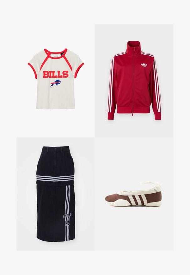 Veste de survêtement rouge avec trois bandes blanches sur les manches, fermeture éclair intégrale à l'avant, col montant et logo trefoil Adidas blanc sur la poitrine.; Chemise blanche à manches courtes avec bordure rouge, texte "BILLS" en rouge, et logo de buffle bleu avec une bande rouge en dessous du texte sur le devant.; Jupe en denim noir à taille haute, avec deux bandes horizontales blanches, une étiquette de logo Adidas sur le côté et un design droit.; Chaussure plate de ballet marron et blanche avec trois bandes blanches et un nœud à nouer à la cheville sur un fond clair uni.