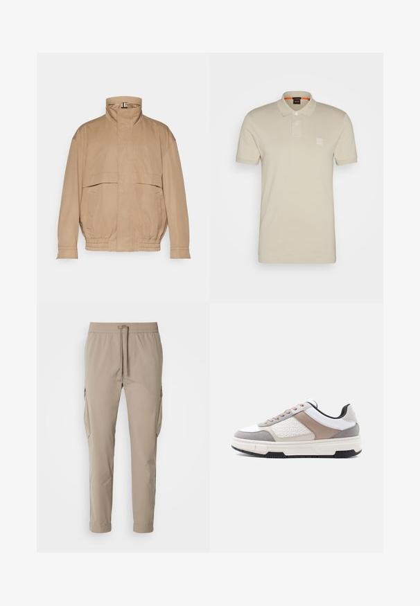 Chaqueta ligera de color marrón claro, hecha de un material suave. Cuenta con un alto collar, dos bolsillos frontales, bajo elástico y detalles en los puños.; Polo beige hecho de tela suave, con cuello, tres botones y un parche de logo en el lado izquierdo del pecho. Mangas cortas y un diseño limpio.; Pantalones cargo beige con cintura elástica y cordón. Presenta bolsillos laterales y un diseño de pierna ajustada, fabricados en tela ligera.; Zapatilla deportiva baja en blanco, beige y gris con panel lateral con patrón, cordones beige, detalles negros en la suela y suela acolchada.