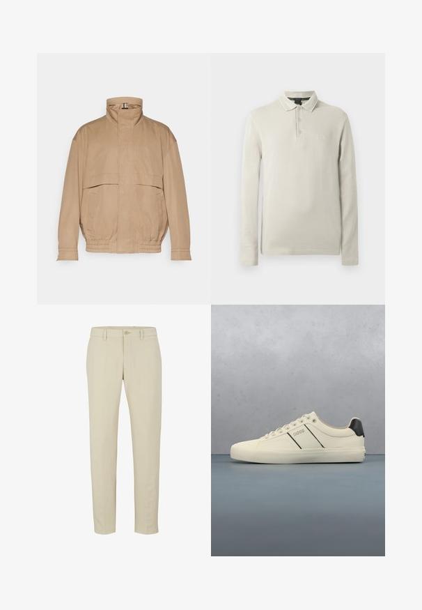 Veste légère de couleur marron clair faite d'un tissu doux. Comprend un col haut, deux poches avant, un ourlet élastiqué et des détails aux poignets.; Polo à manches longues de couleur beige clair, confectionné dans un tissu doux. Comprend un col, une patte de boutonnage à trois boutons et une broderie discrète du logo sur la poitrine.; Pantalons beige ajustés avec fermeture éclair, bouton unique et passants de ceinture. Tissu lisse avec une coupe droite et sans motifs visibles.; Baskets de couleur crème avec une texture lisse, dotées d'accents et de marquage noirs. Design classique à lacets avec un bout rond et une semelle en caoutchouc.