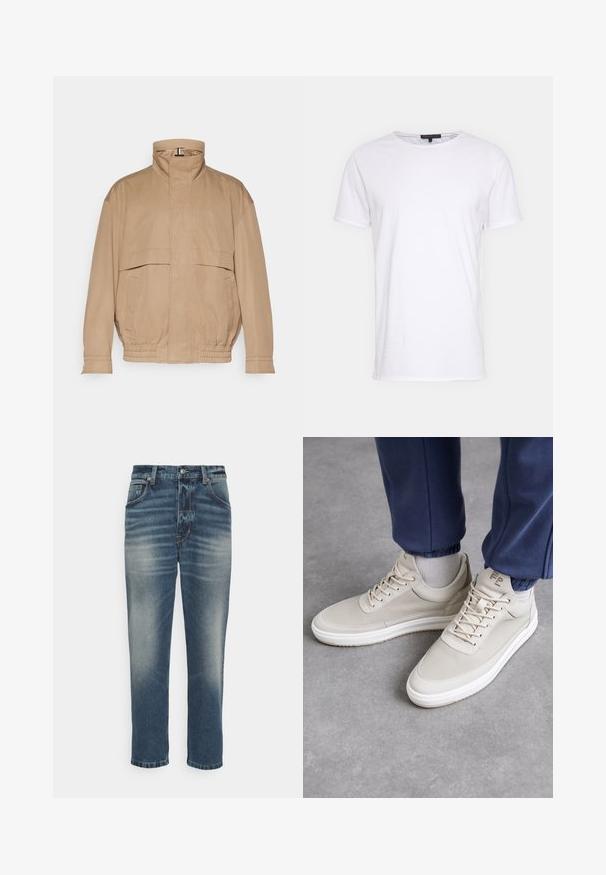 Veste légère de couleur marron clair faite d'un tissu doux. Comprend un col haut, deux poches avant, un ourlet élastiqué et des détails aux poignets.; T-shirt en coton blanc avec un col rond, des manches courtes et une coupe droite. Présente une texture simple et lisse, sans motifs supplémentaires.; Jean en denim bleu avec une finition délavée, coupe droite, style à cinq poches et accents en métal couleur cuivre.; Baskets beiges en matériau texturé, à bout rond, avec des lacets et un design minimaliste. Semelle blanche avec des détails beige clair. Porté avec un jogging bleu marine.