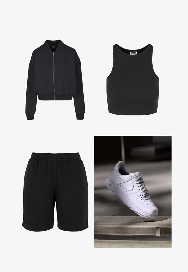 Veste bomber noire courte avec fermeture éclair à l'avant, poignets et ourlet côtelés, présentant une texture de tissu lisse et un design classique.; Crop top noir côtelé avec un design sans manches. Caractérisé par un col rond et une texture lisse. Étiquette visible à l'intérieur du col.; Shorts en coton noirs avec une taille élastique, présentant une texture lisse et une coupe simple. Aucun poche ni embellissement visible.; Baskets Nike Air Force 1 blanches lévitant au-dessus d'une surface en béton avec des ombres dans un cadre minimaliste.