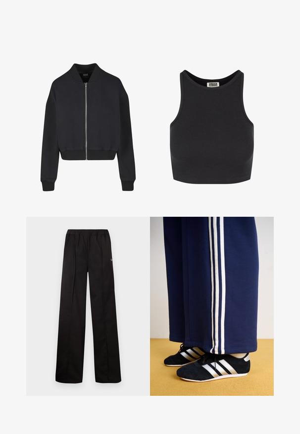 Čierna skrátená bomber bunda so zipsom vpredu, rebrovanými manžetami a spodným lemom, s hladkou textúrou látky a klasickým dizajnom.; Čierny rebrovaný crop top bez rukávov. Má zaoblený výstrih a hladkú textúru. Na vnútornej strane výstrihu je viditeľná etiketa.; Čierne, voľné nohavice s elastickým pásom. Vyrobené z mäkkého materiálu s minimálnym detailovaním, s malým logom na jednej strane.; Námornícke tepláky s tromi bielymi vertikálnymi pruhmi a čiernymi atletickými topánkami so striebornými pruhmi a textúrovaným povrchom. Žltá podlaha.