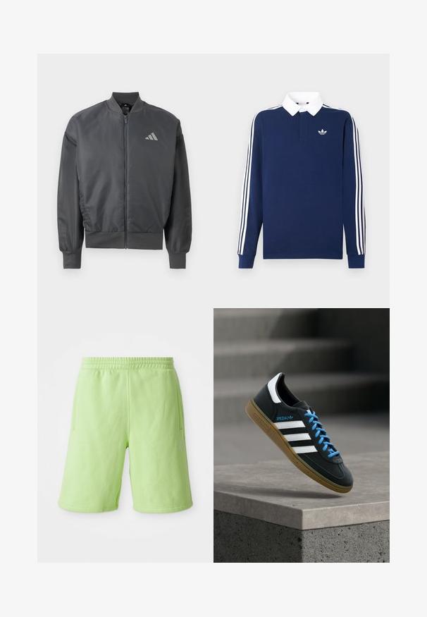 Mørkegrå bomberjakke med lynlås, ribstrikket krave, manchetter og kant, med en lille Adidas-logo på venstre bryst.; Marineblå langærmet polo i bomuldsstof, hvid krave, med klassiske tre hvide striber langs ærmerne og et lille logo på brystet.; Limegrønne shorts lavet af blødt stof, med elastisk talje, sidelommer og et lille hvidt logo nederst til højre.; Sort Adidas sneaker med hvide striber, blå snørebånd og gummisål, der svæver over gråt betontrin i blødt lys.