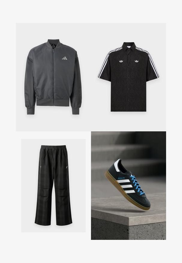 Mørkegrå bomberjakke med lynlås, ribstrikket krave, manchetter og kant, med en lille Adidas-logo på venstre bryst.; Sort kortærmet skjorte med knapper og et subtilt flammemønster, hvide Adidas trefoil-logoer på brystet og hvide tre striber på ærmerne.; Sorte ternede bukser med elastisk talje, to forlommer og en løs pasform med lige ben. Fremstillet af letvægtsmateriale.; Sort Adidas sneaker med hvide striber, blå snørebånd og gummisål, der svæver over gråt betontrin i blødt lys.