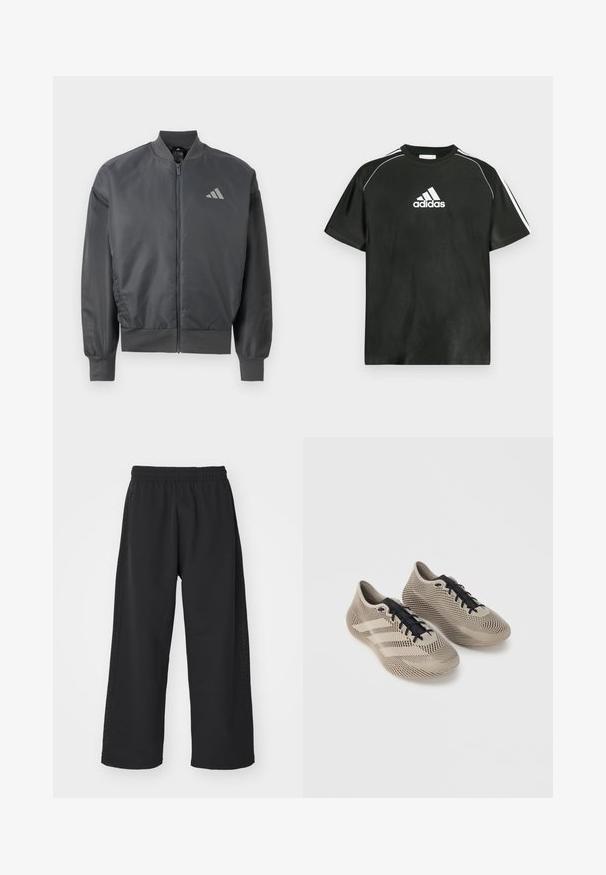 Mørkegrå bomberjakke med lynlås, ribstrikket krave, manchetter og kant, med en lille Adidas-logo på venstre bryst.; Sort T-shirt med korte ærmer, hvide Adidas-logo på brystet og hvide striber på skuldrene. Fremstillet af glat stof, afslappet pasform.; adidas Originals Træningsbukser - black; Par beige sportssko med sorte snørebånd, med et tekstureret, stribet mønster og tre side striber på en ensfarvet baggrund.
