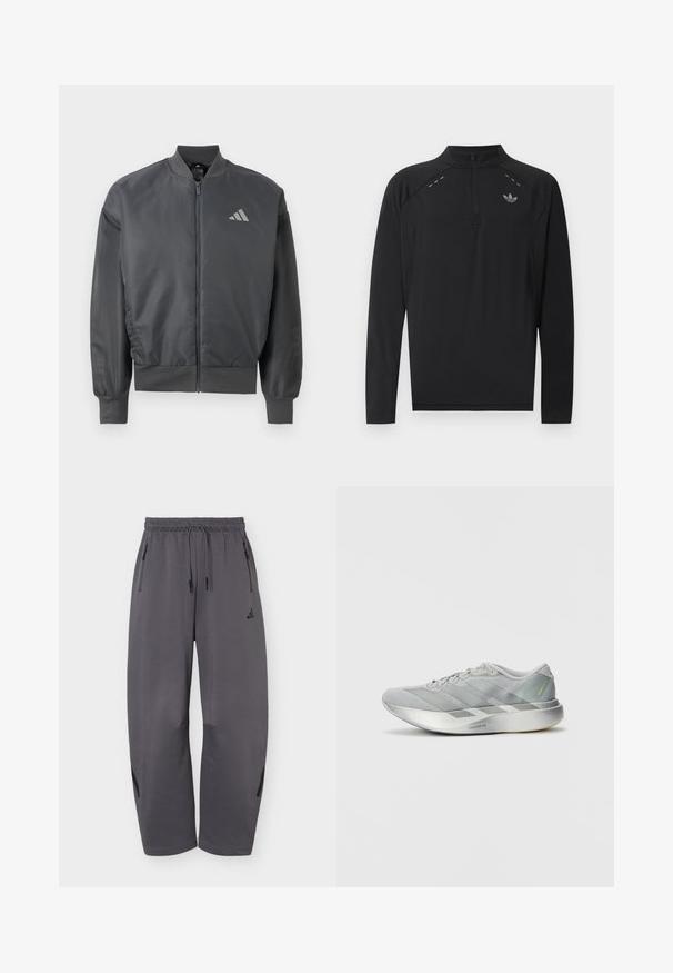 Donkergrijze bomberjack met ritssluiting, geribde kraag, manchetten en zoom, met een klein Adidas-logo op de linkerborst.; Zwarte sportieve top met lange mouwen en een kwartrits, hoge kraag, reflecterend adidas-logo op de borst en kleine reflecterende stikseldetails op de schouders.; Donkergrijze atletische broek met wijde pijpen, elastische tailleband, trekkoorden, ritssluitingen aan de zijkanten en een subtiel merkembleem op de linker dij.; Lichte grijze sport schoen met een slank ontwerp, voorzien van een gestructureerde bovenkant, drie diagonale strepen en een reflecterende zilveren zool.