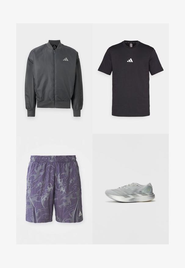Donkergrijze bomberjack met ritssluiting, geribde kraag, manchetten en zoom, met een klein Adidas-logo op de linkerborst.; Zwarte katoenen T-shirt met korte mouwen, voorzien van een wit Adidas-logo op de borst. Klassiek ontwerp met ronde hals.; Paarse sportshorts met abstracte zilveren patronen, elastische tailleband, zijpiping en het Adidas-logo op de rechteronderkant van het broekspijp.; Lichte grijze sport schoen met een slank ontwerp, voorzien van een gestructureerde bovenkant, drie diagonale strepen en een reflecterende zilveren zool.