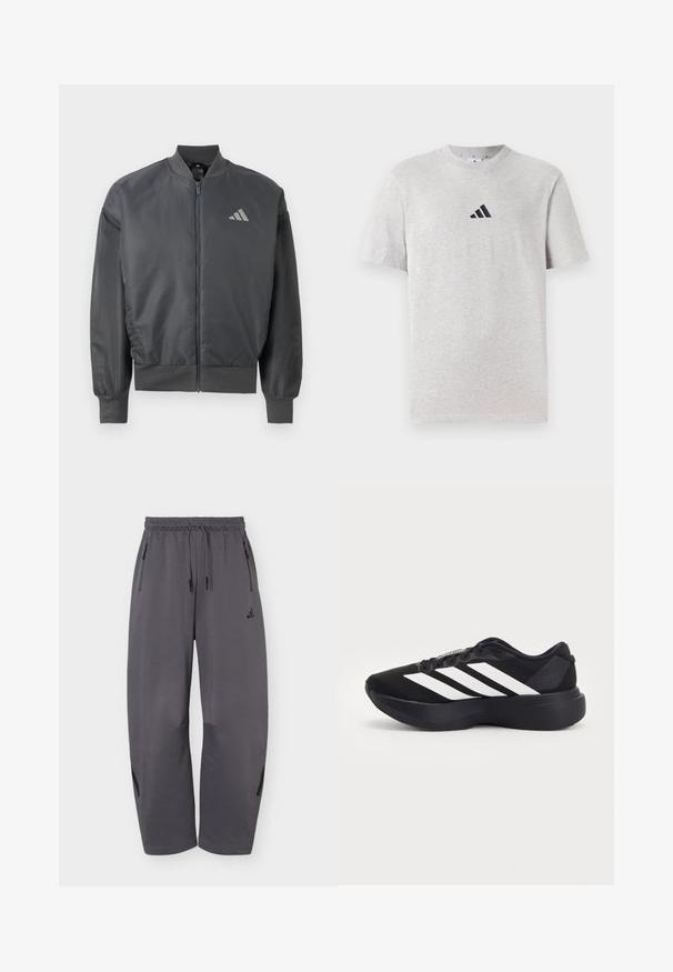 Veste bomber gris foncé avec fermeture éclair, col, poignets et ourlet côtelés, arborant un petit logo Adidas sur le côté gauche de la poitrine.; T-shirt en coton gris à manches courtes, col rond, avec un petit logo noir à trois bandes sur le haut à gauche de la poitrine.; Pantalon de sport ample gris foncé avec taille élastique, cordons, poches latérales zippées et logo discret de la marque sur la cuisse gauche.; Chaussure de running noire avec une semelle épaisse et trois bandes diagonales blanches sur le côté, vue de l'extérieur.