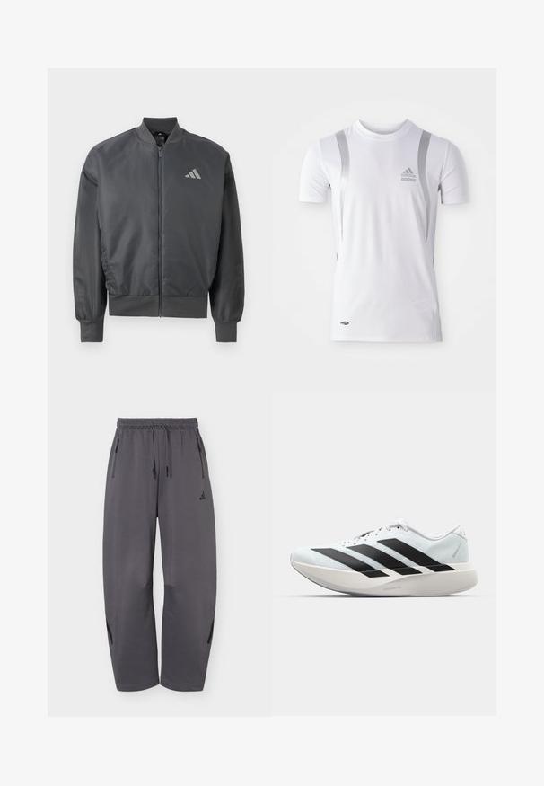 Chaqueta bomber gris oscuro con cremallera, cuello, puños y dobladillo acanalados, con un pequeño logo de Adidas en el pecho izquierdo.; Camiseta atlética blanca de manga corta con detalles plateados, presenta un cuello redondo y un logo de Adidas en el pecho. Fabricada con tela que absorbe la humedad.; Pantalones deportivos de pierna ancha en gris oscuro con cintura elástica, cordones, bolsillos laterales con cremallera y logo sutil de la marca en el muslo izquierdo.; Zapatilla de correr blanca con tres grandes rayas negras en el lateral y una suela curva y gruesa etiquetada como Lightstrike Pro.