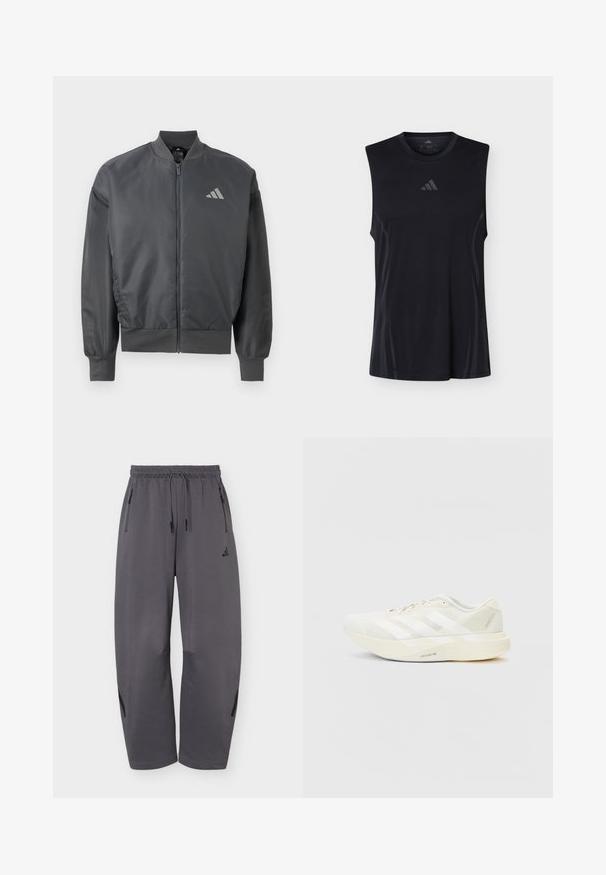 Mørkegrå bomberjakke med lynlås, ribstrikket krave, manchetter og kant, med en lille Adidas-logo på venstre bryst.; Sort ærmeløs træningsshirt med subtile mesh-sidepaneler og en lille Adidas-logo centreret under den runde halsudskæring.; Mørkegrå atletiske bukser med vid ben, elastisk talje, snore, lynlåslommer i siden og diskret mærkelogo på venstre lår.; Hvid atletiksko med mesh-overdel, prydet med tre hvide striber, rund tå og en lys sål mærket "LIGHTSTRIKE PRO."