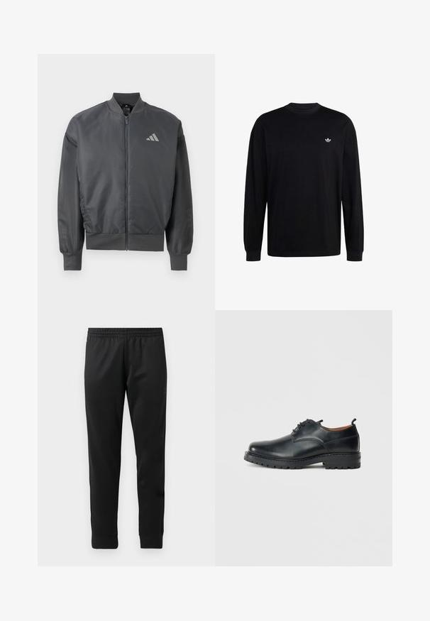 Dunkelgraue Bomberjacke mit Reißverschluss, geripptem Kragen, Bündchen und Saum, mit kleinem Adidas-Logo auf der linken Brust.; Schwarzes Langarmshirt mit Rundhalsausschnitt und kleinem weißem Adidas Trefoil-Logo auf der linken Brust, gerippten Bündchen und lässiger Passform.; Schwarze Sporthosen aus glattem Stoff, mit einem elastischen Bund, schmal zulaufenden Beinen und gerippten Bündchen an den Knöcheln.; Schwarze Leder Derby-Schuhe mit glatter Textur, runder Zehenform, Schnürdesign und einer dicken, robusten Gummisohle.