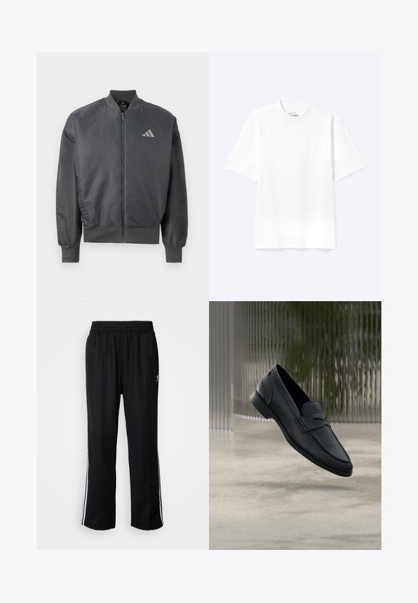 Donkergrijze bomberjack met ritssluiting, geribde kraag, manchetten en zoom, met een klein Adidas-logo op de linkerborst.; Effen witte T-shirt met korte mouwen en ronde hals, met een losse pasvorm, weergegeven op een lichte achtergrond.; Zwarte sportbroeken met een elastische tailleband, voorzien van witte zijkanten en een klein logo. Het materiaal lijkt zacht en lichtgewicht te zijn.; Zwarte leren loafer met een gladde afwerking, puntige neus en gestikte details over de wreef. Lage hak en minimalistisch ontwerp.