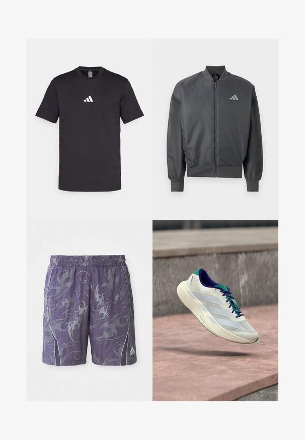 Donkergrijze bomberjack met ritssluiting, geribde kraag, manchetten en zoom, met een klein Adidas-logo op de linkerborst.; Zwarte katoenen T-shirt met korte mouwen, voorzien van een wit Adidas-logo op de borst. Klassiek ontwerp met ronde hals.; Paarse sportshorts met abstracte zilveren patronen, elastische tailleband, zijpiping en het Adidas-logo op de rechteronderkant van het broekspijp.; Witte en groene hardloopschoen met blauwe veters die boven roze en grijze betonnen trappen zweeft.