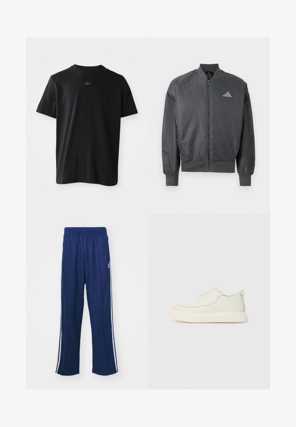 Tumehall zip-up bomberi-tagi, millel on soonikkrae, mansetid ja äär, ning vasakul rinnal väike Adidas logo.; Must have lühikeste varrukatega must T-särk, mille rinnal on väike, keskel asuv Adidas trefoil logo, esitlemisel lihtsa valge taustaga.; Tumed sinised spordipüksid lõdva lõikega, valgete külgtriipudega ja elastse vöökoha ning sileda kangaga, ilma nähtavate mustrite või lisadega.; Eemaldatavad spordijalatsid valgel tekstureeritud materjalil, millel on paks sooneline tald. Omavad minimaalseid õmblusi ja peent hele sinist aktsenti.