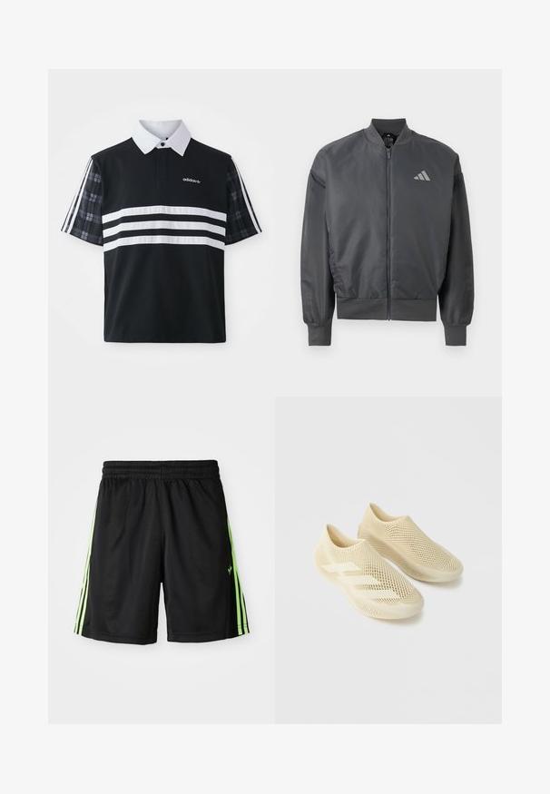 Chaqueta bomber gris oscuro con cremallera, cuello, puños y dobladillo acanalados, con un pequeño logo de Adidas en el pecho izquierdo.; Camisa polo negra con rayas blancas y un logotipo; cuenta con mangas cortas de cuadros y un cuello blanco con una hilera de botones.; Pantalones cortos deportivos negros con cintura elástica, que cuentan con dos rayas verticales de color verde neón a cada lado y un pequeño logo en la parte frontal izquierda.; Par de zapatos beige sin cordones con una estructura de malla tipo enrejado y tres detalles de rayas sobre un fondo liso gris claro.