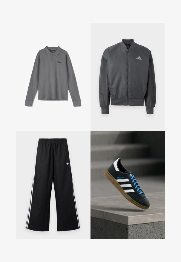Dunkelgraue Bomberjacke mit Reißverschluss, geripptem Kragen, Bündchen und Saum, mit kleinem Adidas-Logo auf der linken Brust.; Langarm-Polohemd aus gestreiftem grauem Stoff. Verfügt über einen Kragen, eine Drei-Knopf-Leiste und dezente schwarze Markenkennzeichnung auf der Brust.; Schwarze weite Trainingshose mit elastischem Bund, weißen Seitenstreifen und kleinem Adidas-Trefoil-Logo an der rechten Hüfte.; Schwarzer Adidas-Sneaker mit weißen Streifen, blauen Schnürsenkeln und Gummisohle, der über einer grauen Betontreppe im weichen Licht schwebt.