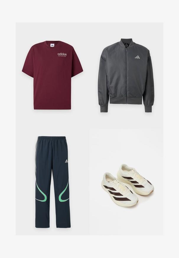 Tmavosivá bomber bunda na zips s rebrovaným golierom, manžetami a lemom, s malým logom Adidas na ľavej strane hrudníka.; Bordový krátky rukáv tričko vyrobené z bavlny. Obsahuje okrúhly výstrih a malé biele logo "adidas" s nápisom "SPORT DESIGN STUDIO" pod ním.; Námorné teplákové nohavice vyrobené z ľahkej tkaniny, so bielymi pruhmi po bokoch a zelenými zakrivenými akcentmi. Elastický pás pre pohodlie.; Svetlé krémové bežecké tenisky s tmavohnedými diagonálnymi pruhmi, textúrovaný vrch z sieťoviny a polstrovanú podrážku. Obsahujú žltú značku "ADIZERO".