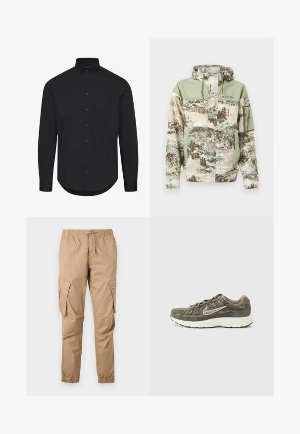 Jakke med camouflage-mønster, hætte, snoretræk, lynlåslomme på ærmet, lynlås foran med klap og Columbia-logo på brystet i afdæmpede grønne og beige nuancer.; Sort langærmet skjorte lavet af glat stof, med en knap-ned krave og frontknapper, en buet kant og skræddersyet pasform.; Kamel-farvede cargobukser med elastisk talje, snøre, sidelommer med klap og elastiske manchetter vist på en lys baggrund.; Grønne og tan mesh løbesko med en tyk hvid sål, der har en sølvaccent og snørebånd, samt en tekstureret overflade.